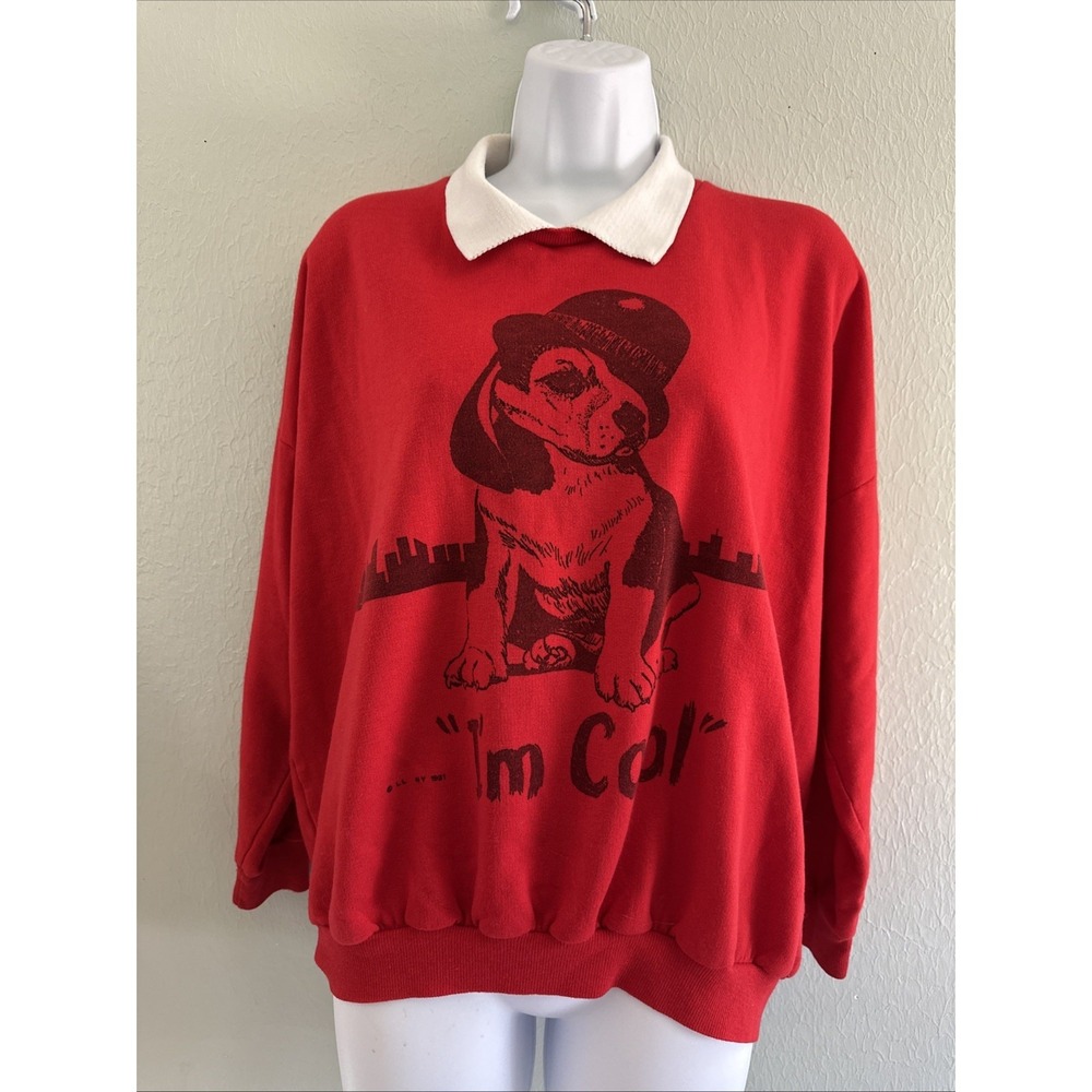 Vintage 90s "I'm Cool" Cute Dog Art Shirt Women M Red, Linda Lori Puppy Collar